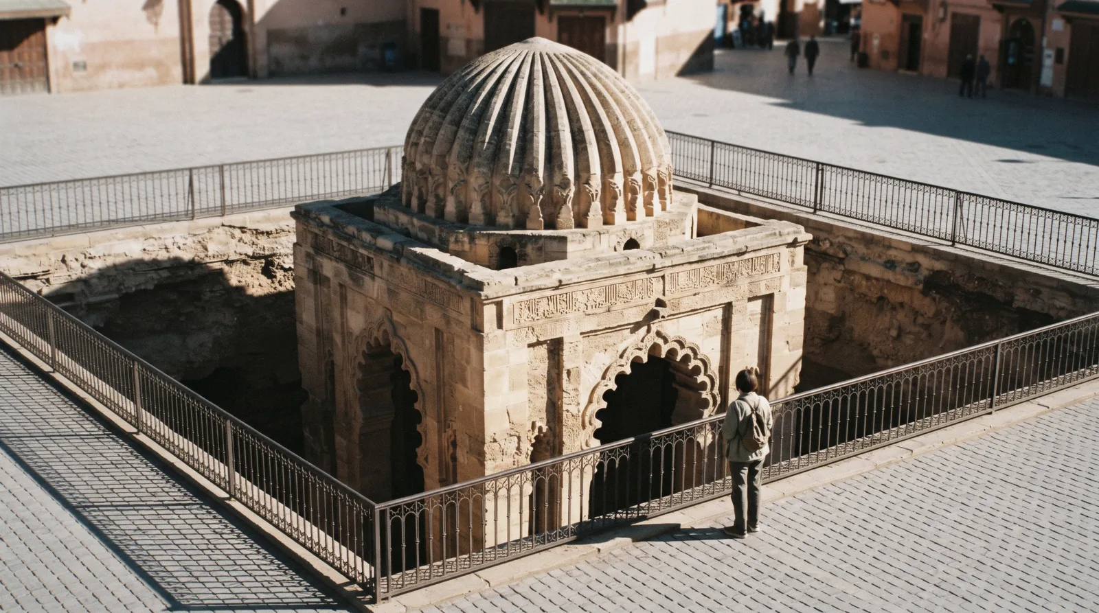 Brick dome and lobed arches of the Almoravid Koubba sunk below modern pavement level in the northern medina of Marrakech