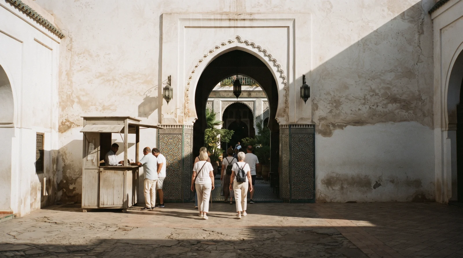 Visitors at the ticket window on the forecourt where Bahia Palace tickets are sold, Avenue Imam El Ghazali, Marrakech