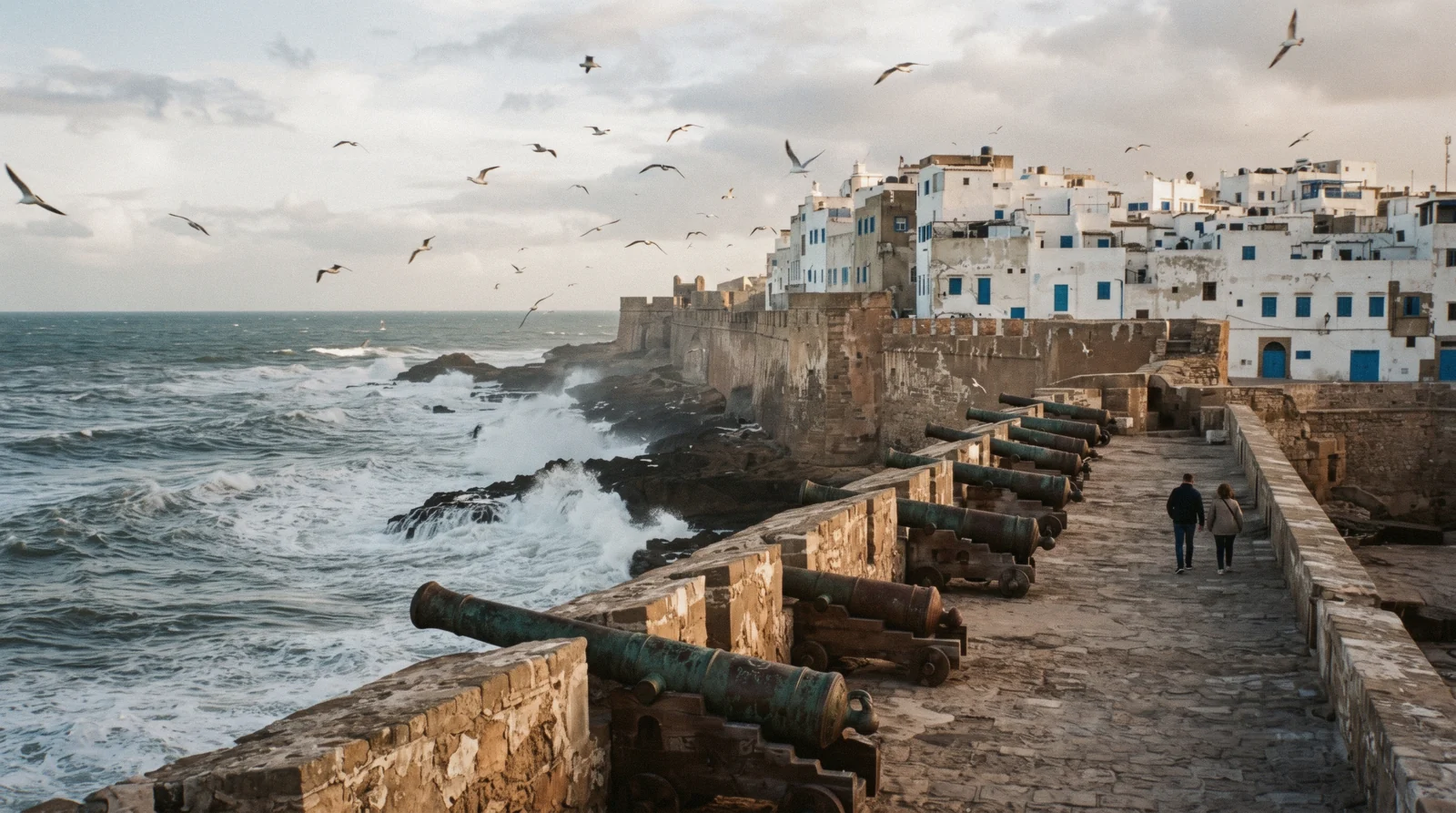 Blue fishing boats moored under the Skala ramparts at low tide, the harbour on an Essaouira day trip from Marrakech