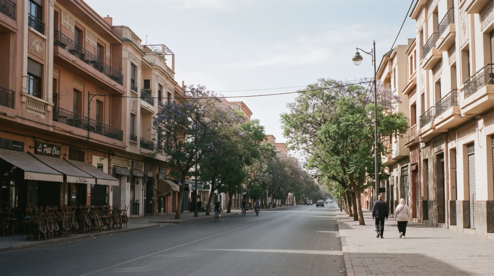Nineteen-thirties protectorate facades with deep balconies and jacaranda along the avenue, Gueliz Marrakech