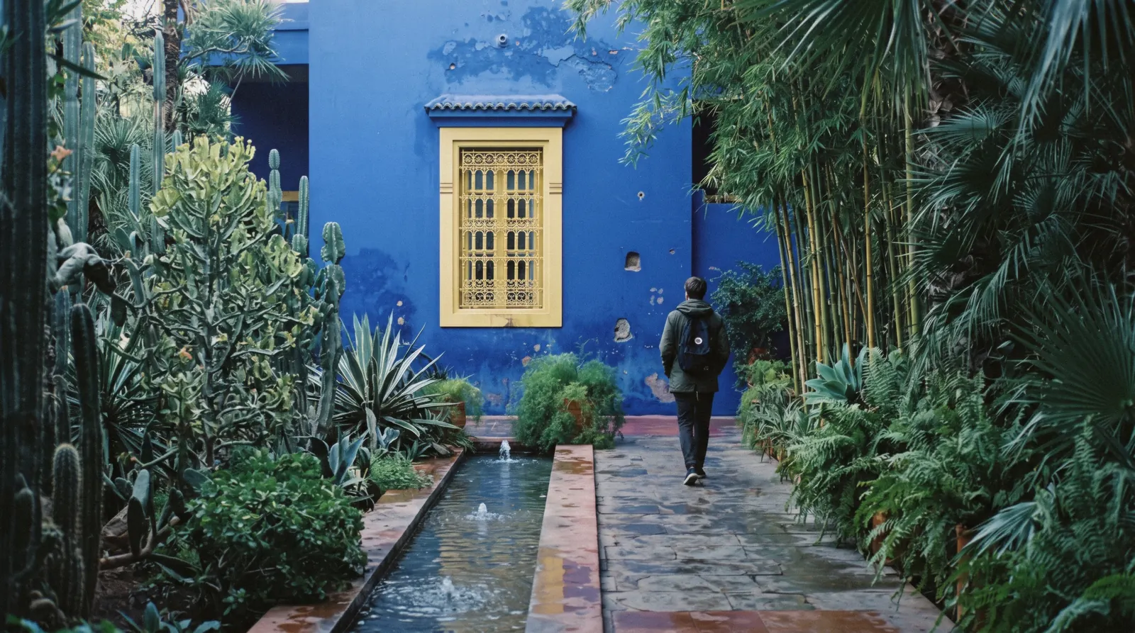 Cobalt blue villa, bamboo and cactus beds in the Majorelle garden in Gueliz, the ticket weighed in this Marrakech guide