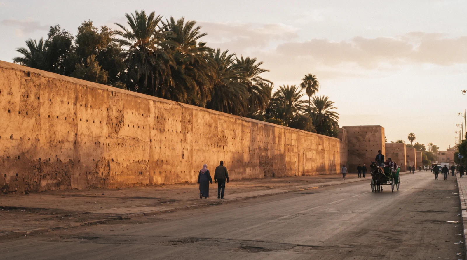 The pise ramparts glowing orange in low sun with a caleche on the road, two days in Marrakech