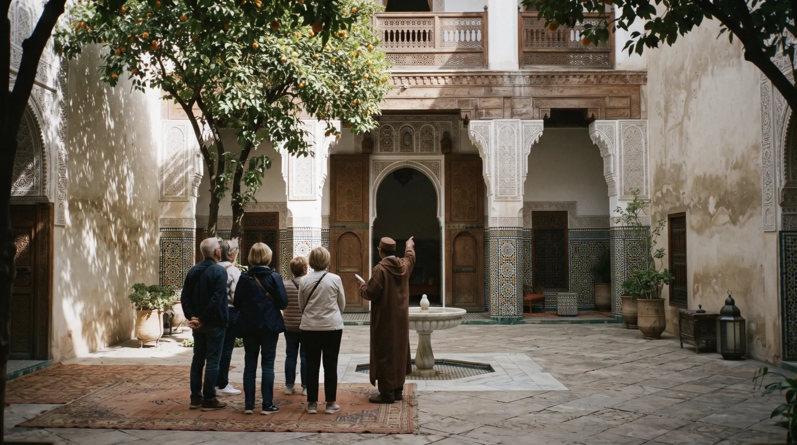 A guide talking to four visitors in the shaded courtyard of a monument on one of the guided Marrakech tours