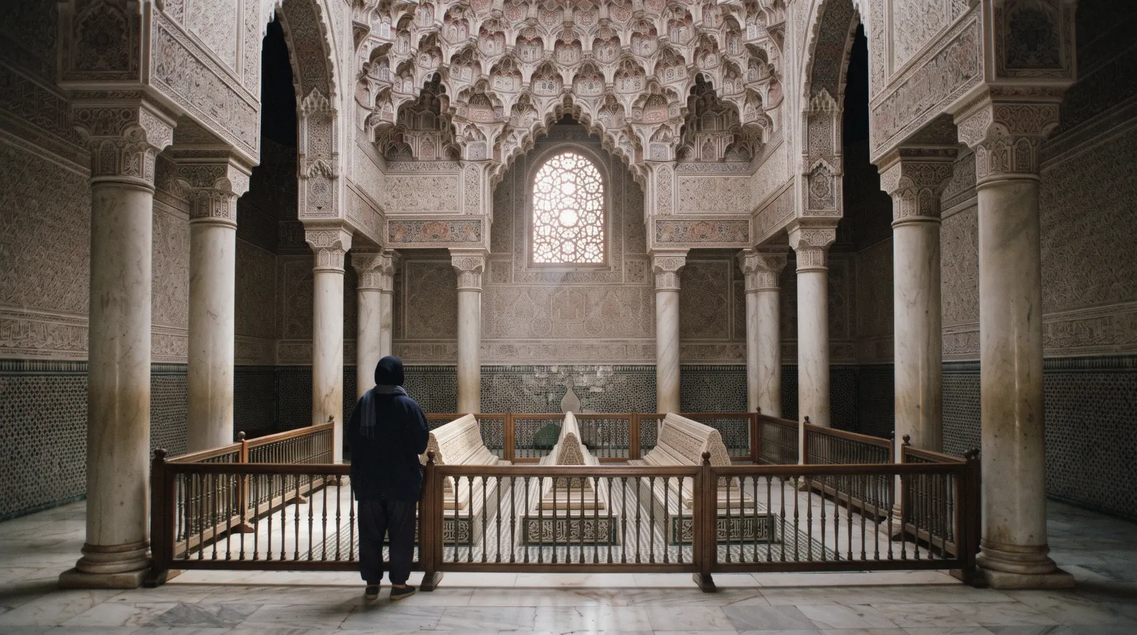 Carrara marble tombstones under carved cedar and gilded muqarnas in the Chamber of the Twelve Columns at the Saadian Tombs, Marrakech