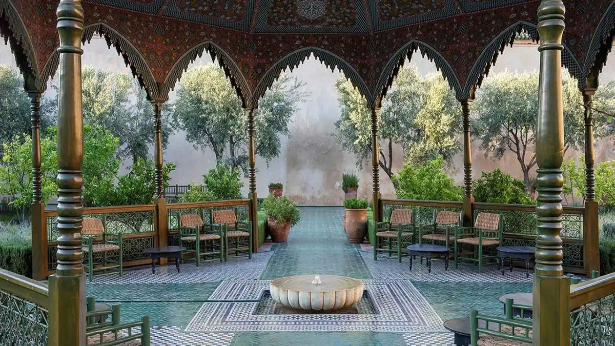 Tower viewpoint above the courtyard garden at Le Jardin Secret on a Le Jardin Secret, Ben Youssef and souks walking tour in Marrakech