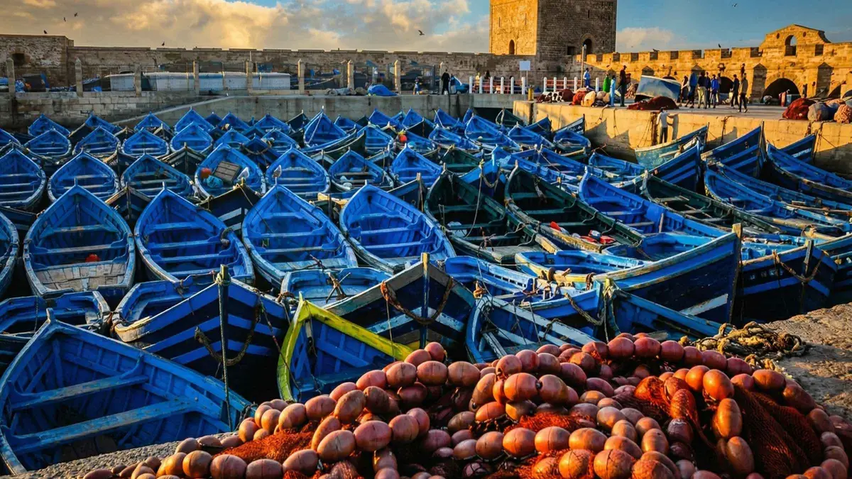 Blue fishing boats and the Skala ramparts in Essaouira harbour on an Essaouira day trip from Marrakech