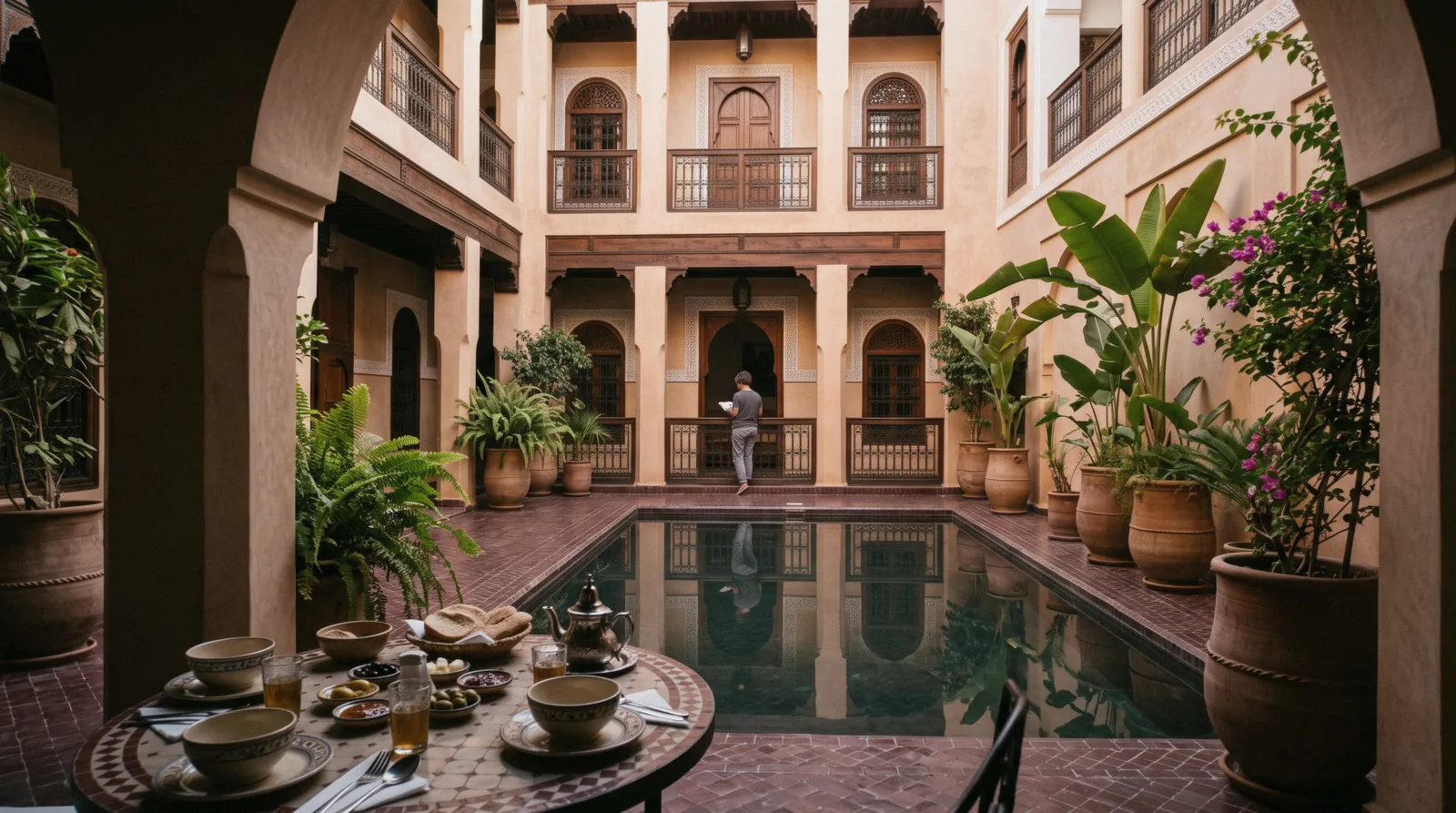 A tiled riad courtyard with a plunge pool and orange trees under an open roof, where to stay in Marrakech